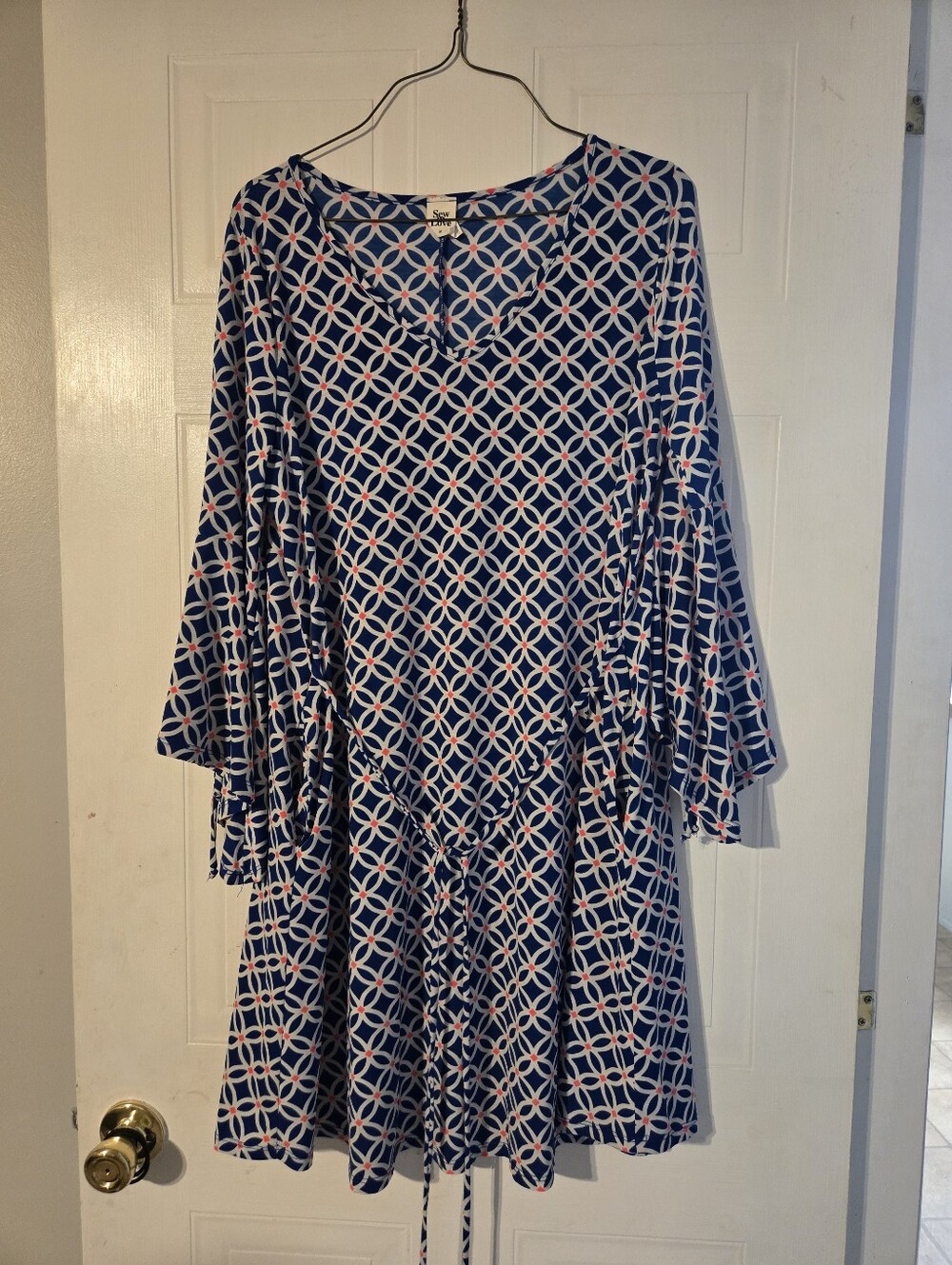 Sew In Love Blue Geometric Tie-Waist Long Sleeve Dress